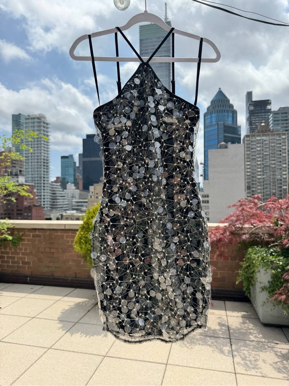 Avec Les Filles Black Sequin Mini Dress with Silver Accents